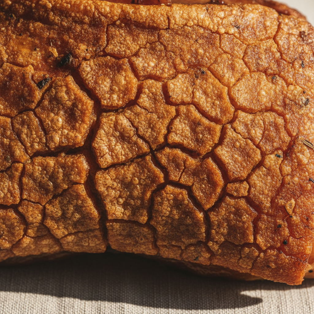 An extreme close-up of the crispy skin of slow-roasted pork (pečenje) or the intricate texture of a freshly baked proja (cornbread), showcasing rich golden-brown hues and fine details, captured with a