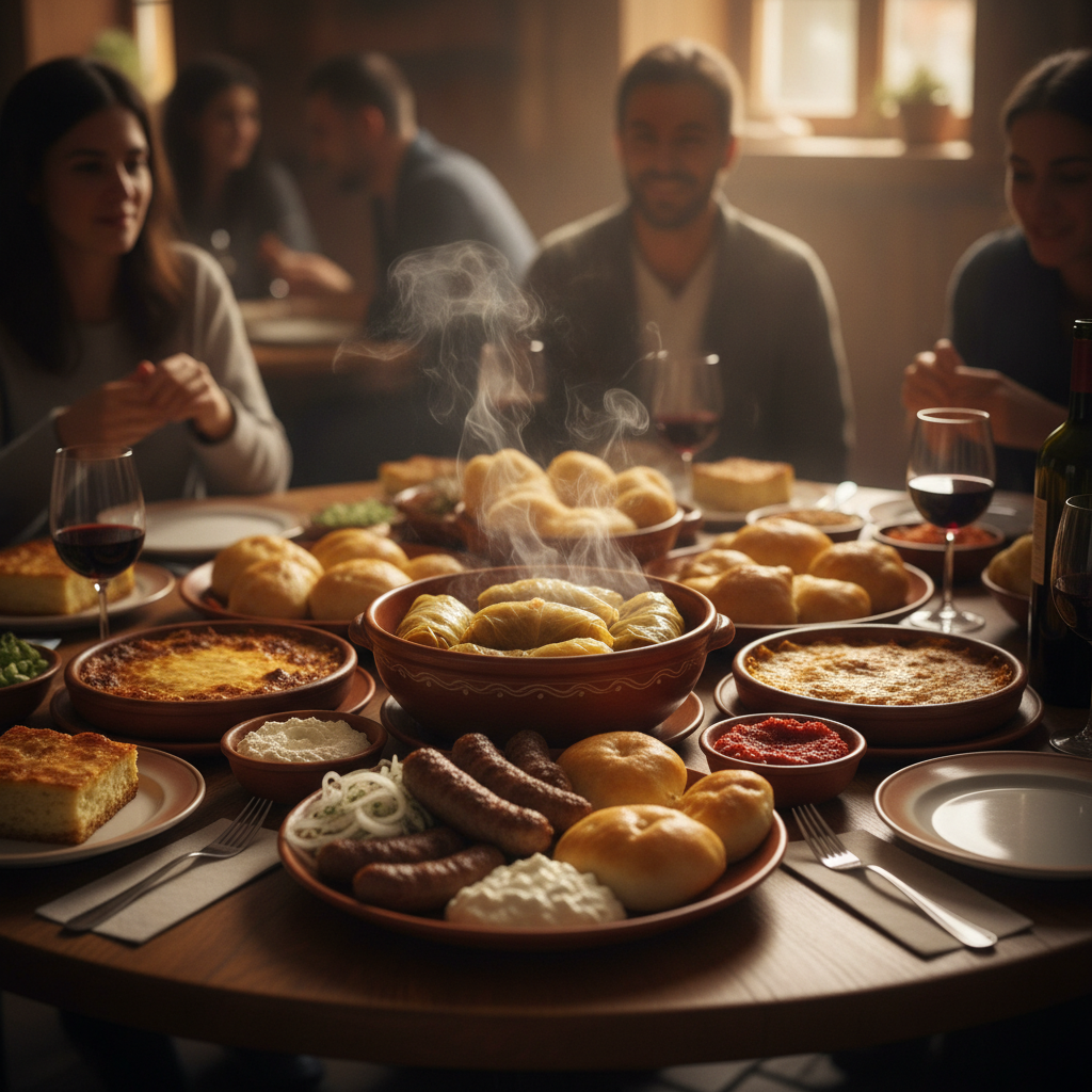 A bustling family restaurant scene, showing a table laden with various traditional Serbian dishes, steam gently rising, with blurred background figures of happy diners enjoying their abundant meals, n