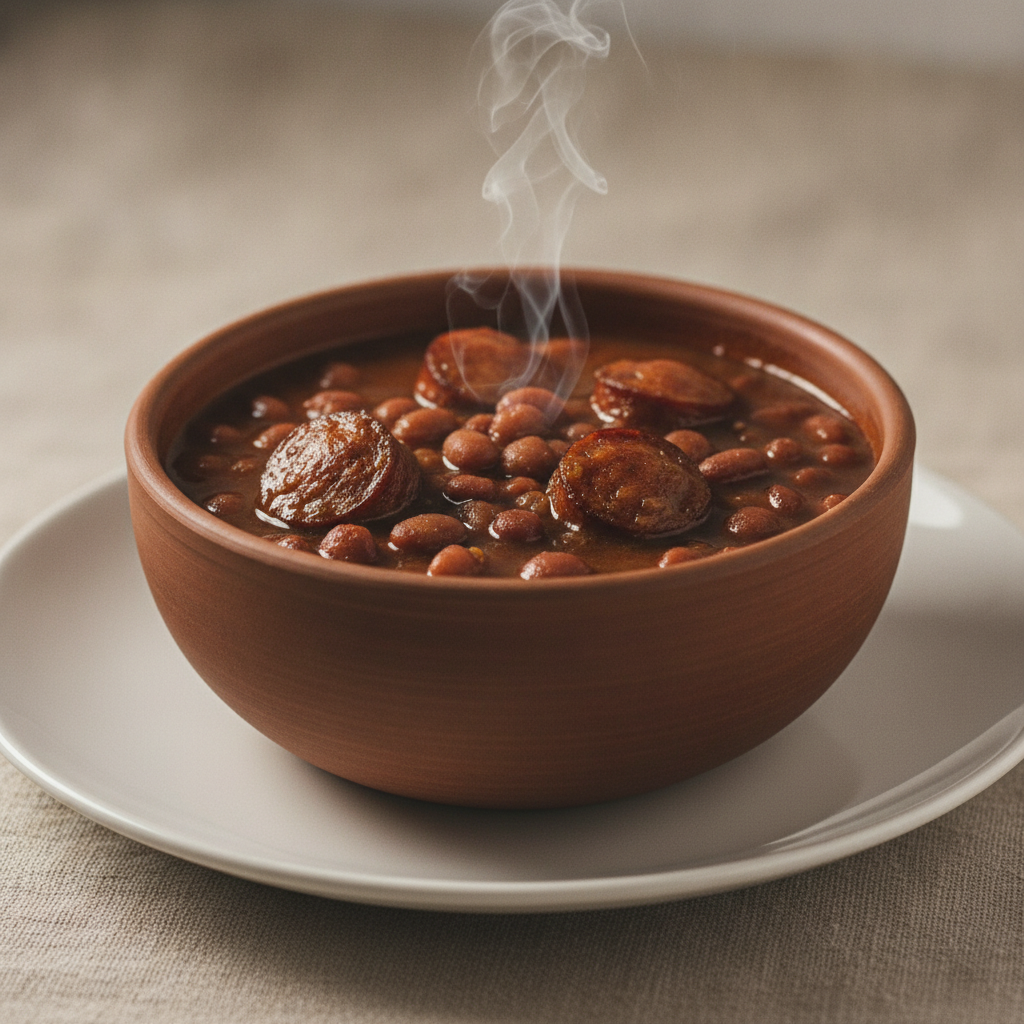 A perfectly styled studio shot of a deep, hearty bowl of pasulj (Serbian bean stew) topped with smoked sausage, steam gently rising, centred on a minimalist white ceramic plate, clean diffused lightin