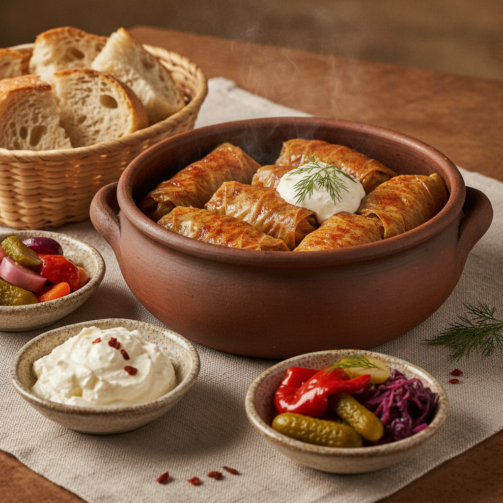 An elegant rustic table setting featuring a generous serving of sarma (cabbage rolls) in a clay pot, surrounded by small side dishes like kajmak, pickled vegetables, and fresh bread, arranged on a lin
