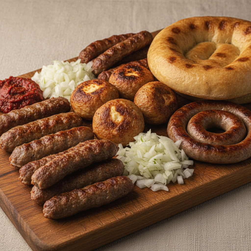 A studio shot of a traditional Serbian meal, such as a platter of various grilled meats (ćevapi, uštipci, kobasica), with accompanying fresh chopped onions, ajvar, and a piece of lepinja bread, each c